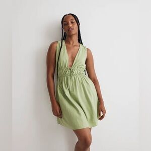 Madewell Green Sophia Deep-V Sleeveless Mini Dress Linen Blend Medium